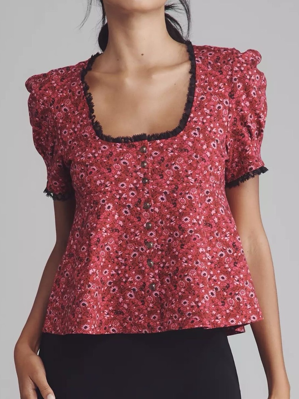 Maeve Anthropologie Red/Pink Floral Puff Sleeve Babydoll Blouse, M